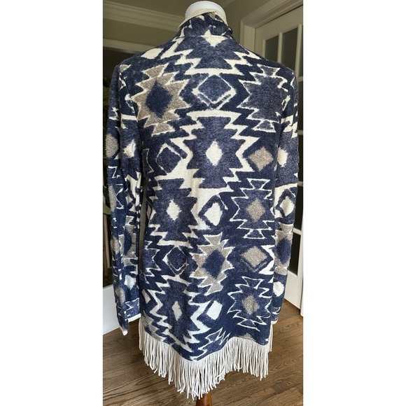 Lucky Brand Aztec Fringe Cardigan Sweater Jacket Open Front Blue Beige L - Picture 7 of 10